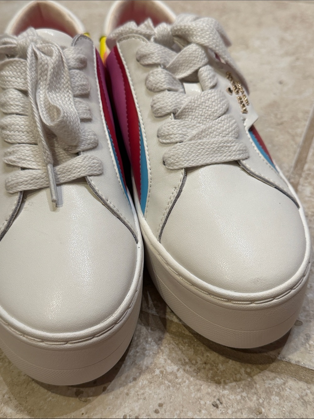 kate spade White Leather Sneakers with Pink, Blue & Yellow Accents - Picture 9 of 12